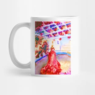 Woman in Greece with pink tail dress under flower pergola Mug